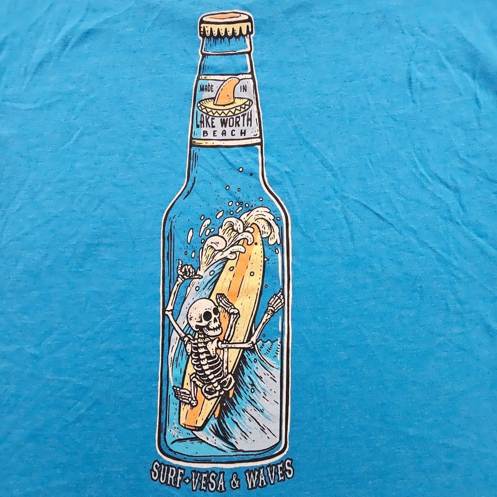 Lake Worth Beach Surfing Skeleton Blue Short Sleeve Cotton Blend T-Shirt Men's M - Picture 2 of 8